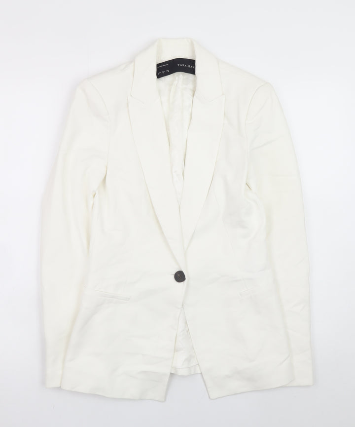 Zara Women White Slim Fit Cotton Blend Blazer Jacket Size S