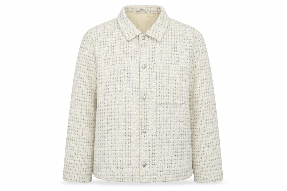 Front view of Zara Women Ivory Tweed Mid-Length Jacket, size 14, Classic Style