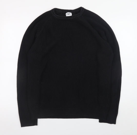 Zara Men Black Cotton Crew Neck Knit Jumper Size L