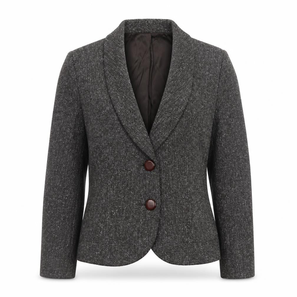 Front view of Minuet Women Brown Tweed Blazer, size 12, Lined Buttoned Jacket