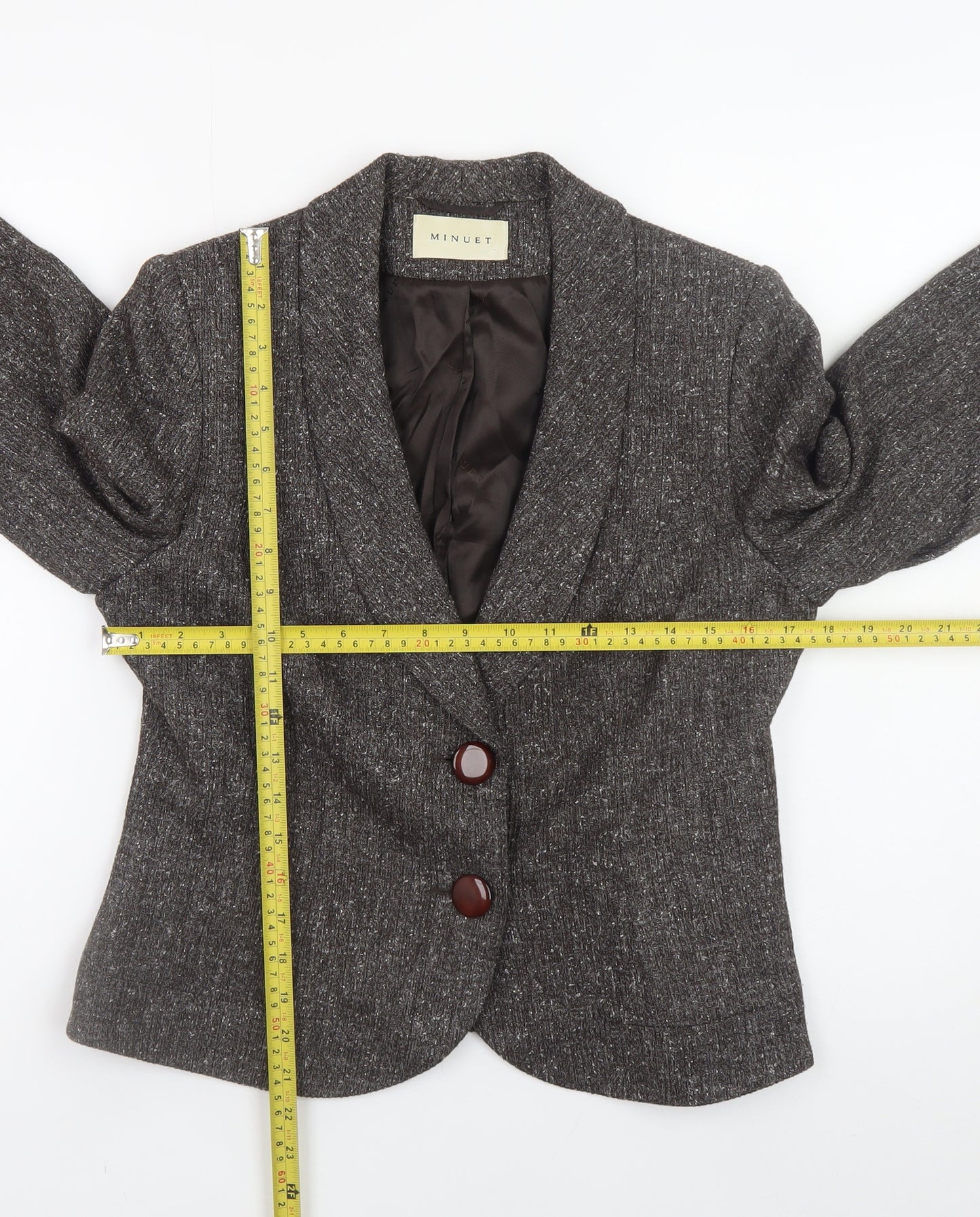 Minuet Women Brown Tweed Blazer Size 12 Lined Buttoned Jacket