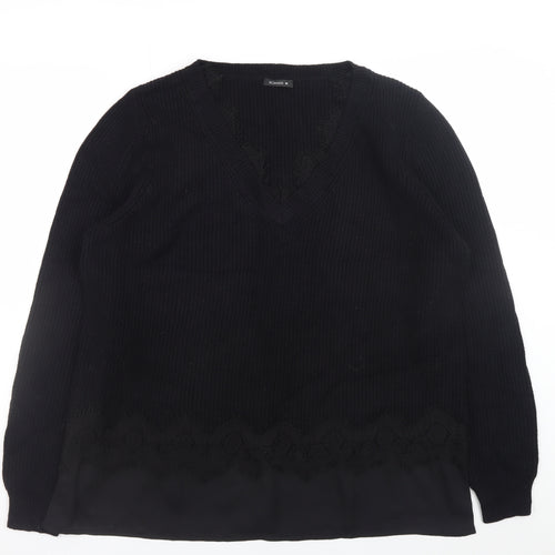 Roman Women’s Black V-Neck Long Sleeve Ribbed Pullover Jumper Size 16