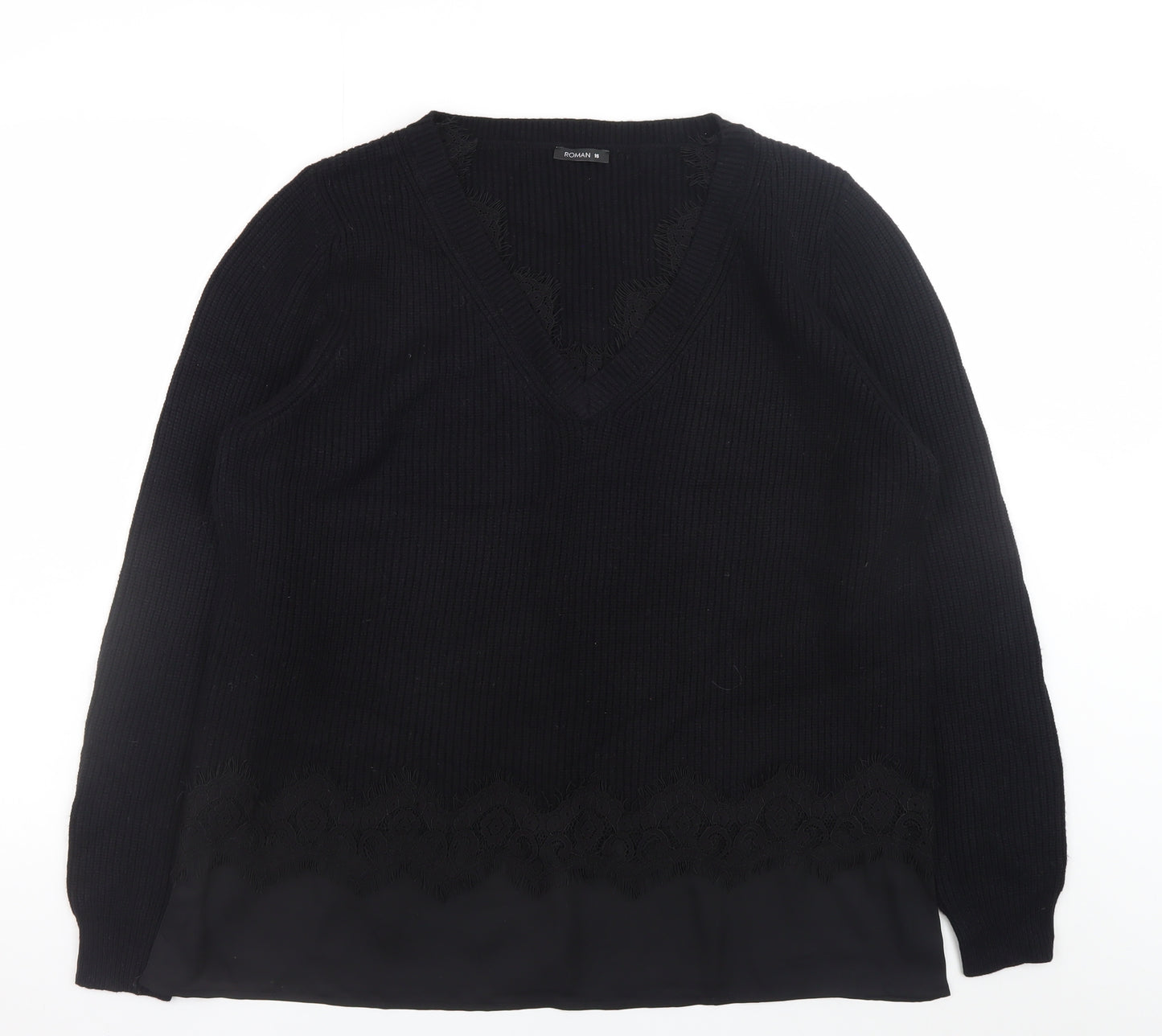 Roman Women’s Black V-Neck Long Sleeve Ribbed Pullover Jumper Size 16
