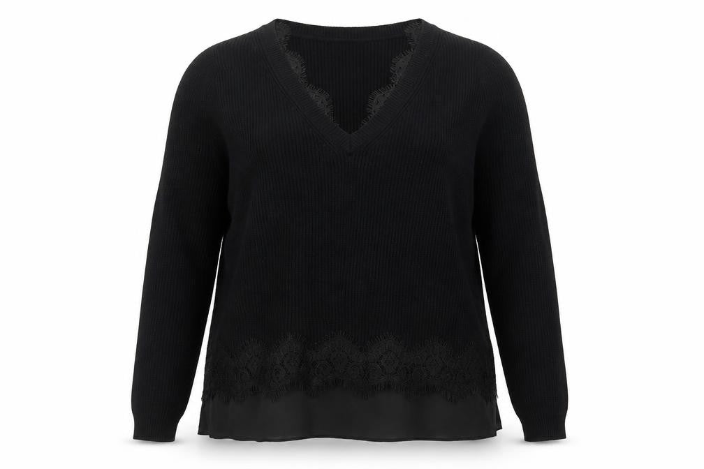 Roman Women’s Black V-Neck Long Sleeve Ribbed Pullover Jumper Size 16