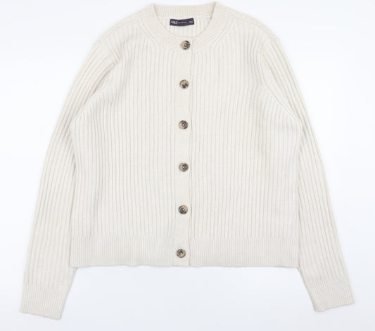 Marks and Spencer Women Ivory Ribbed Button Cardigan L