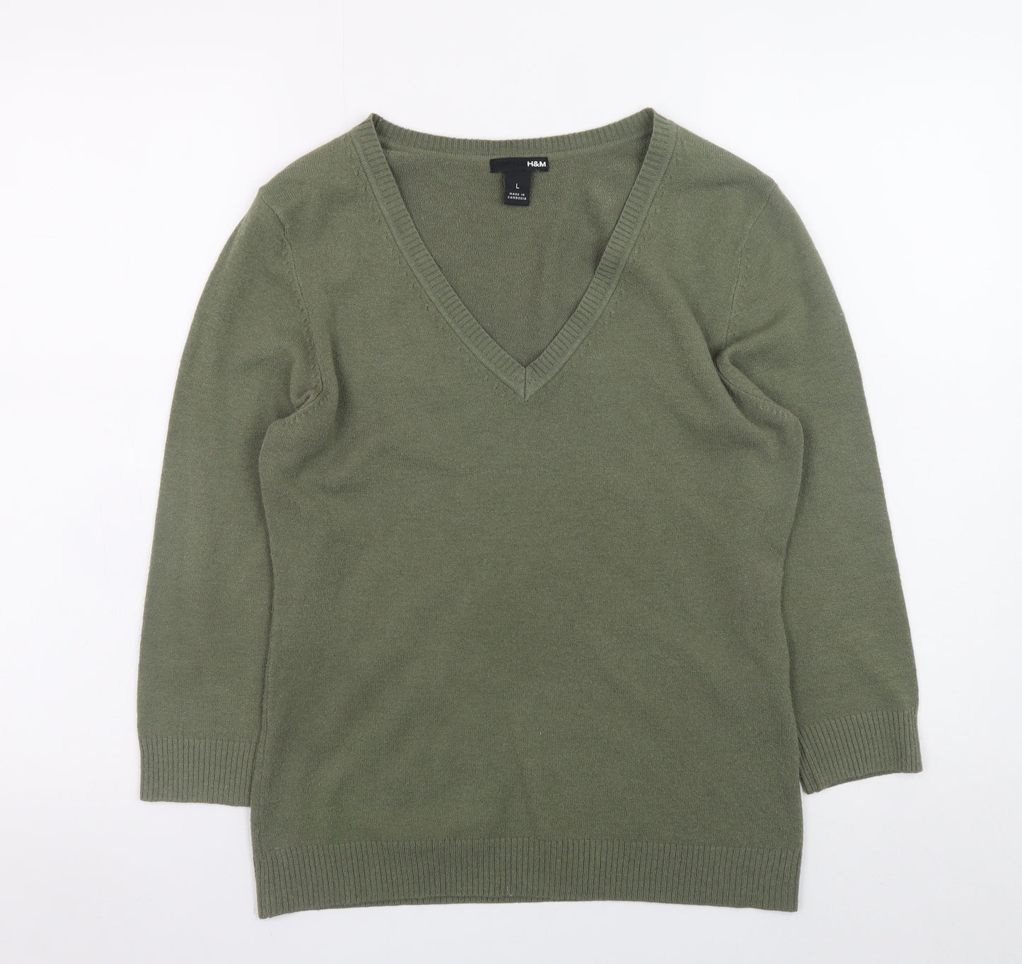 H&M Women Green V-Neck 3/4 Sleeve Pullover Jumper Size L