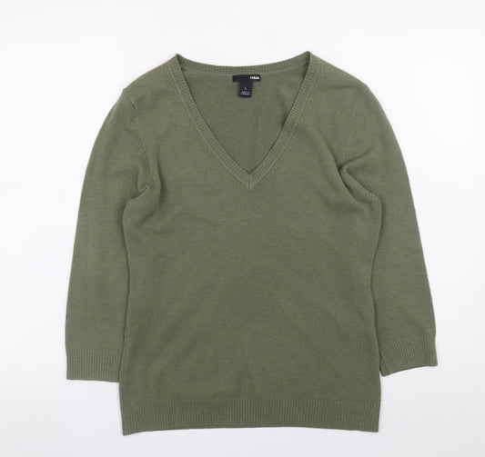 H&M Women Green V-Neck 3/4 Sleeve Pullover Jumper Size L
