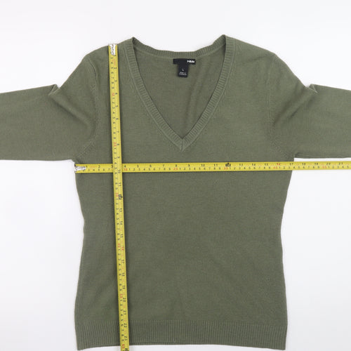 H&M Women Green V-Neck 3/4 Sleeve Pullover Jumper Size L