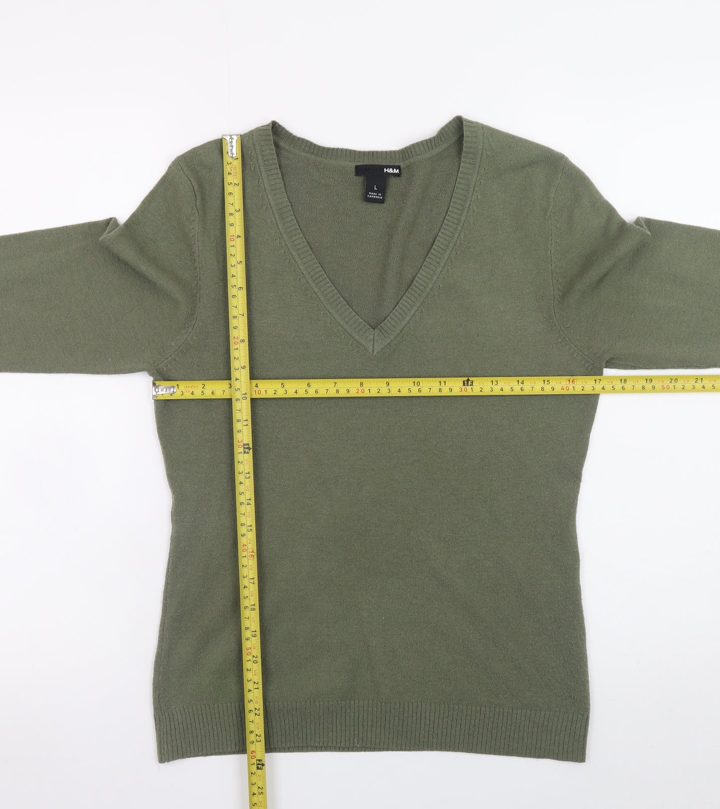 H&M Women Green V-Neck 3/4 Sleeve Pullover Jumper Size L