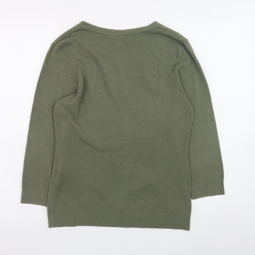 H&M Women Green V-Neck 3/4 Sleeve Pullover Jumper Size L