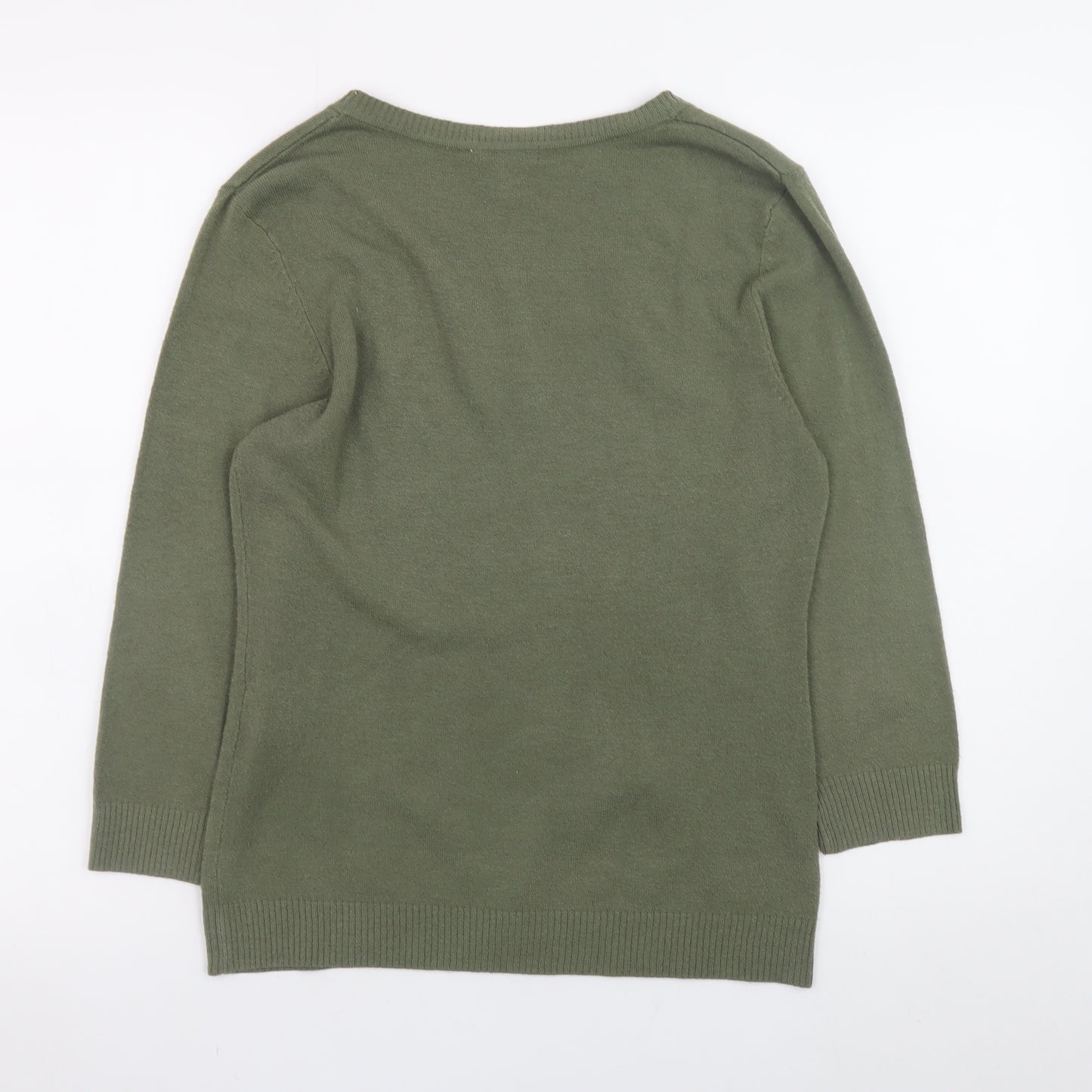 H&M Women Green V-Neck 3/4 Sleeve Pullover Jumper Size L