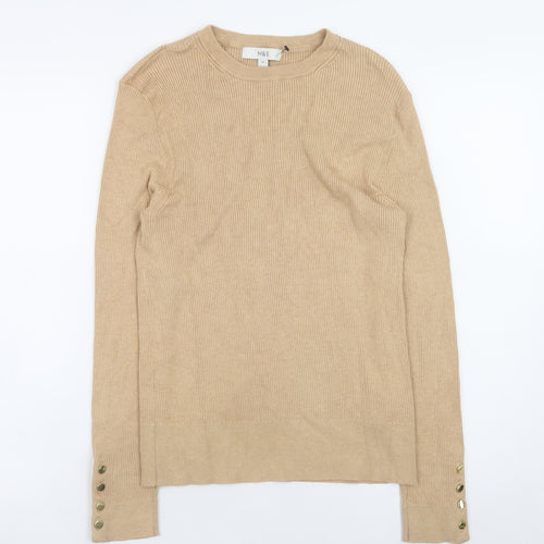 Marks and Spencer Women Beige Crew Neck Button Sleeve Jumper Size 14