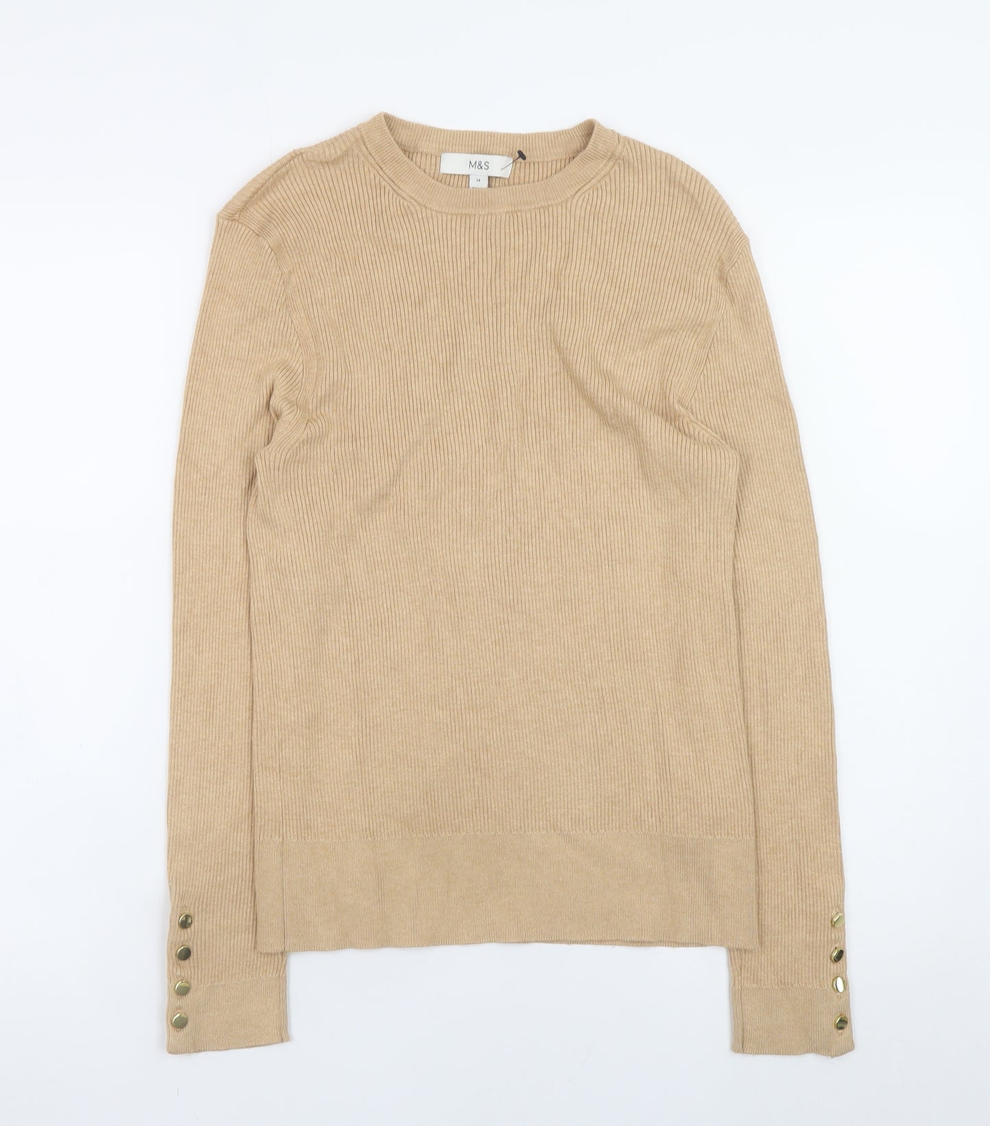 Marks and Spencer Women Beige Crew Neck Button Sleeve Jumper Size 14