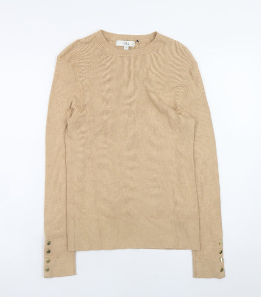 Marks and Spencer Women Beige Crew Neck Button Sleeve Jumper Size 14