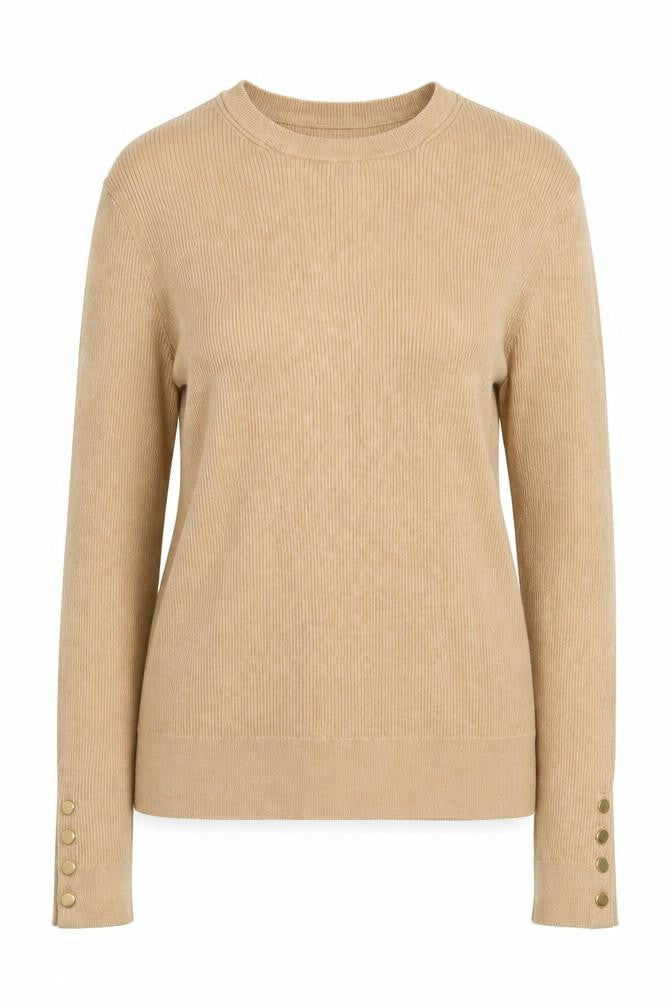 Marks and Spencer Women Beige Crew Neck Button Sleeve Jumper Size 14