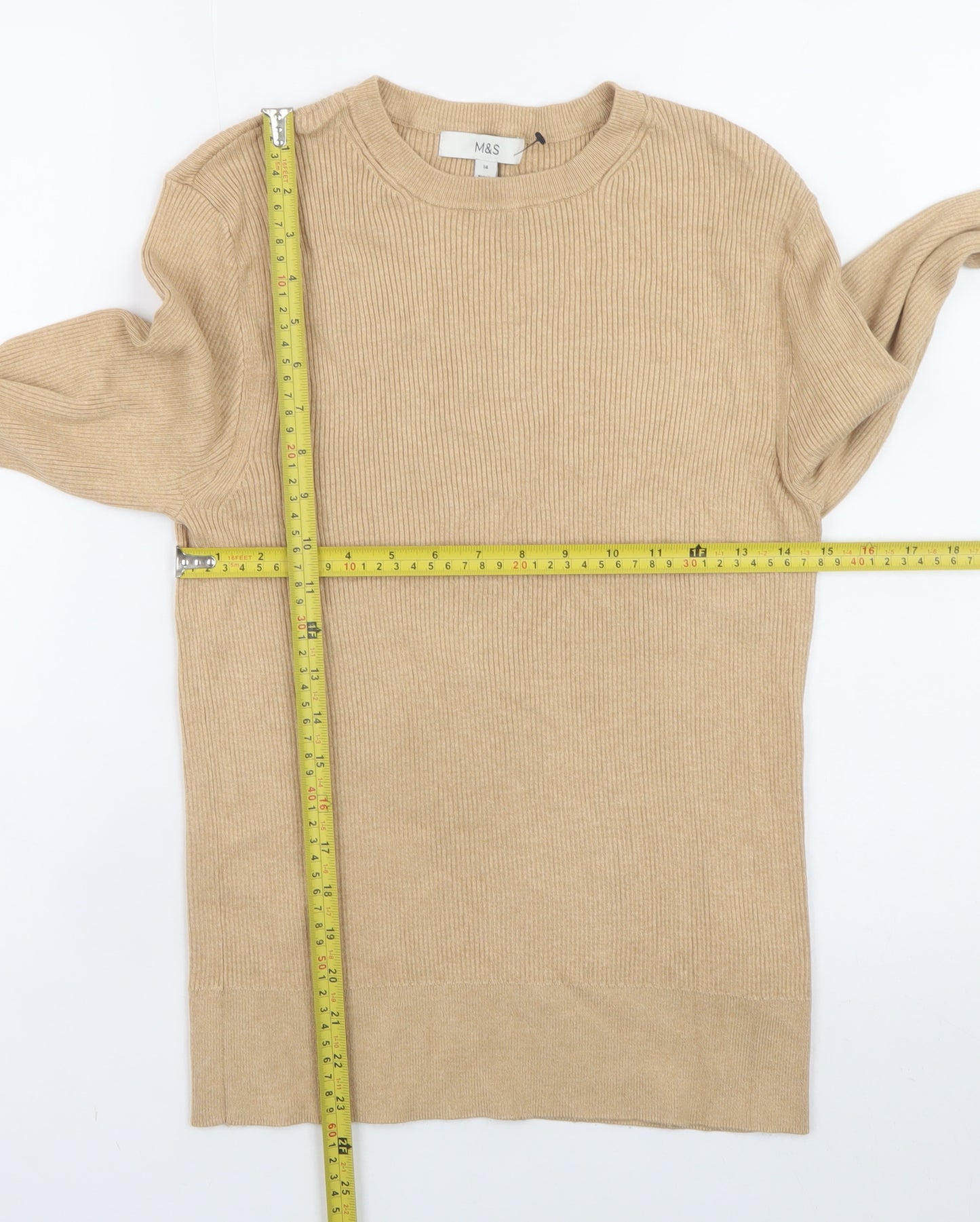 Marks and Spencer Women Beige Crew Neck Button Sleeve Jumper Size 14