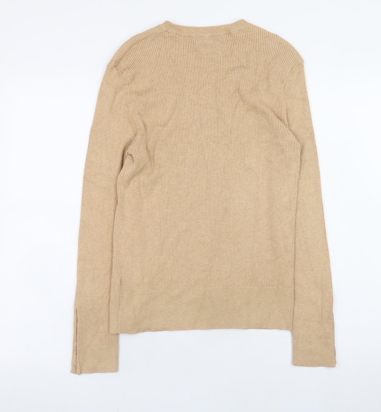 Marks and Spencer Women Beige Crew Neck Button Sleeve Jumper Size 14