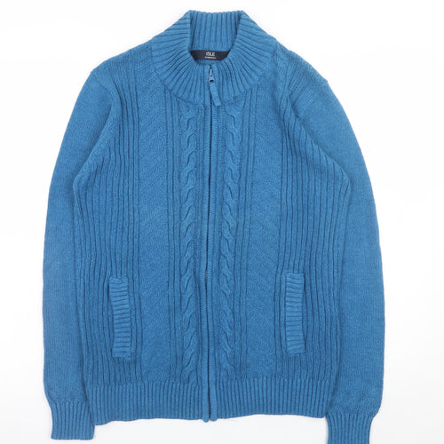 Isle Essentials Men's Blue Cotton Full Zip Cable Knit Jumper M