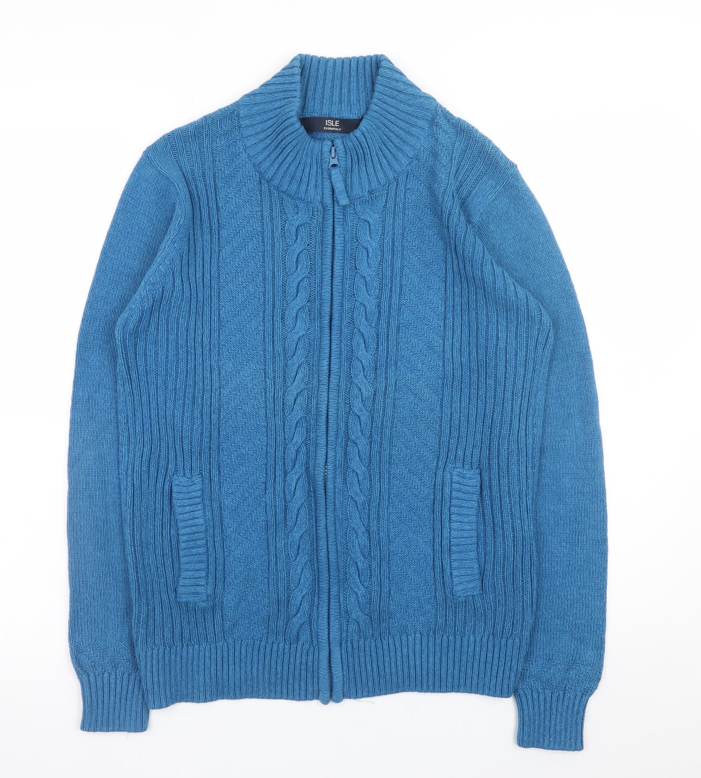 Isle Essentials Men's Blue Cotton Full Zip Cable Knit Jumper M
