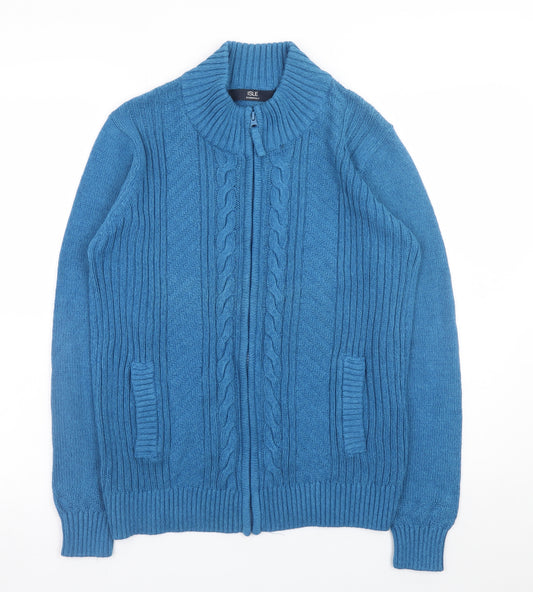Isle Essentials Men's Blue Cotton Full Zip Cable Knit Jumper M