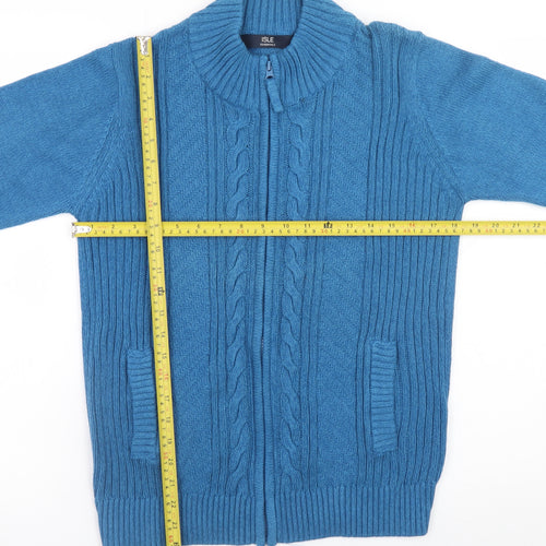 Isle Essentials Men's Blue Cotton Full Zip Cable Knit Jumper M
