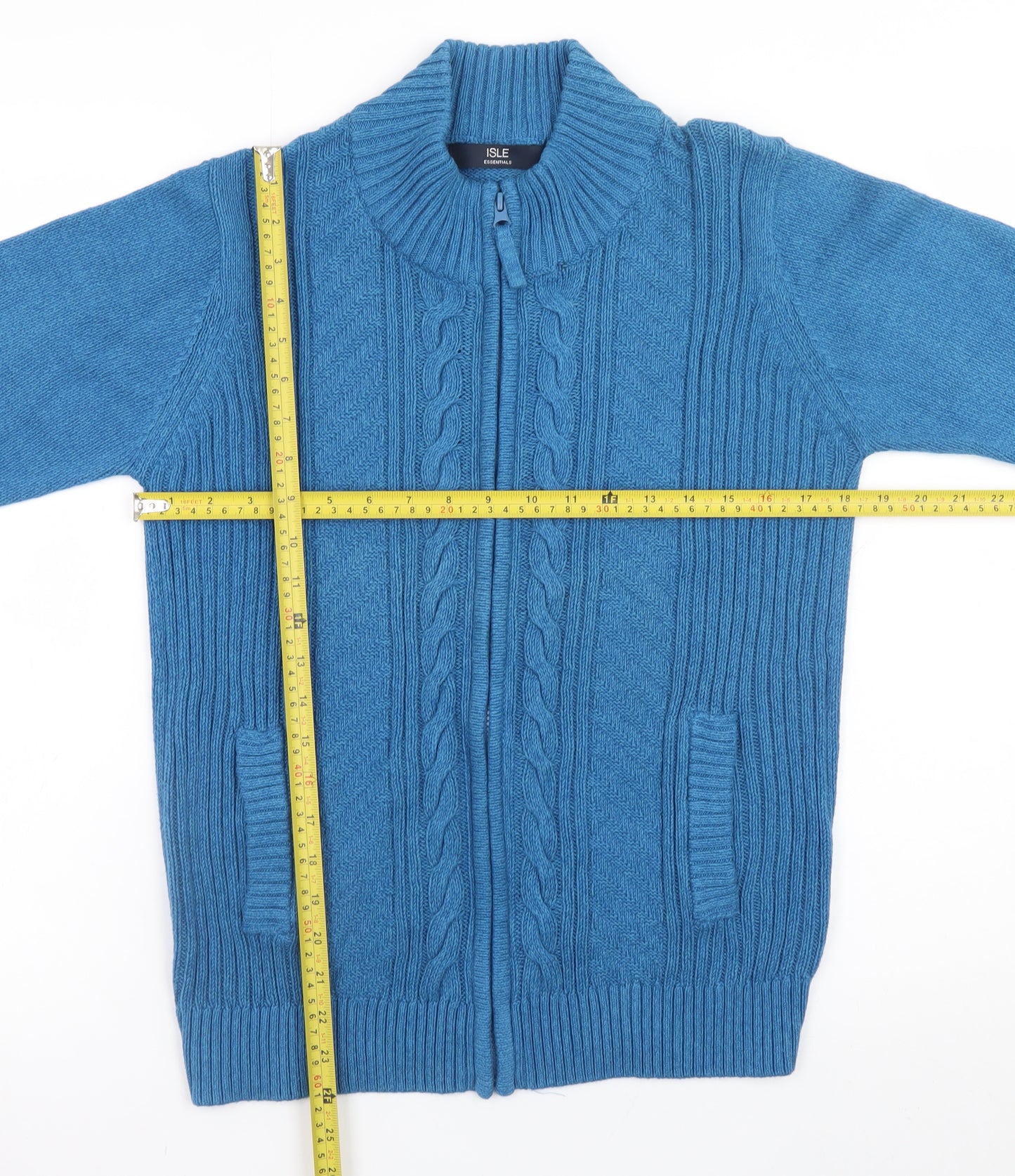 Isle Essentials Men's Blue Cotton Full Zip Cable Knit Jumper M