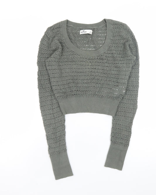 Hollister Women’s Green Open-Knit Long Sleeve Cropped Jumper Size S