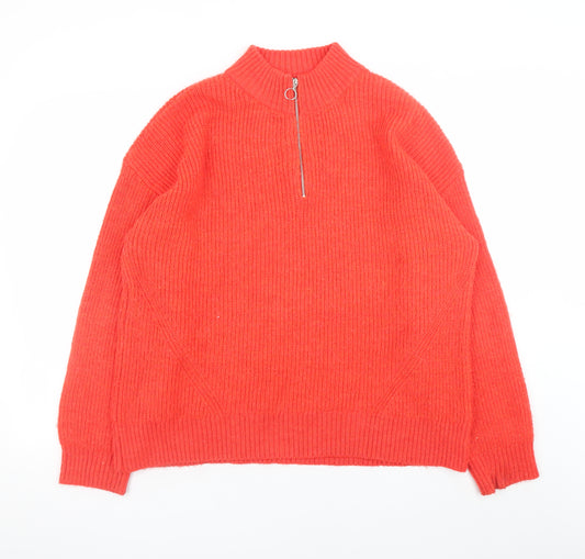 Marks and Spencer Women's Red Mock Neck Half Zip Knit Jumper Size 16