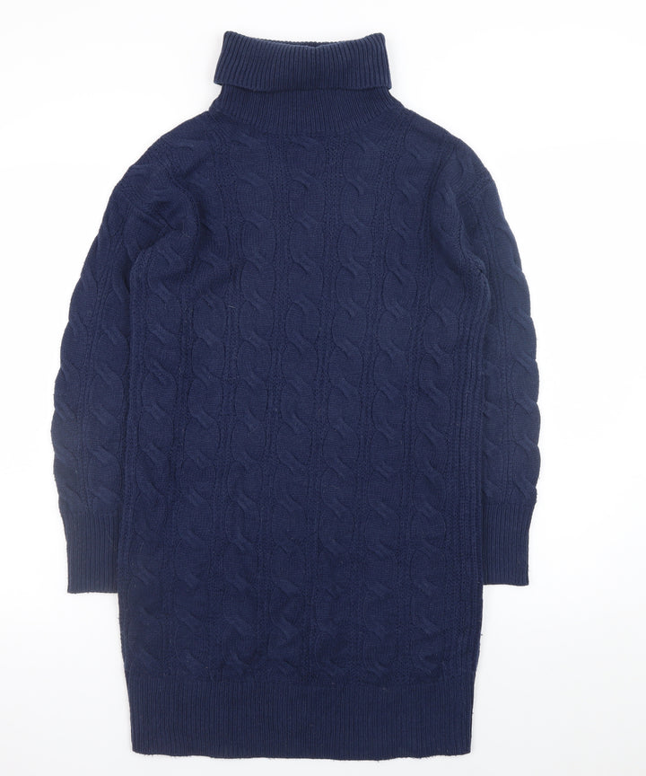 Tu Women Blue Cable Knit Roll Neck Jumper Dress Size 8