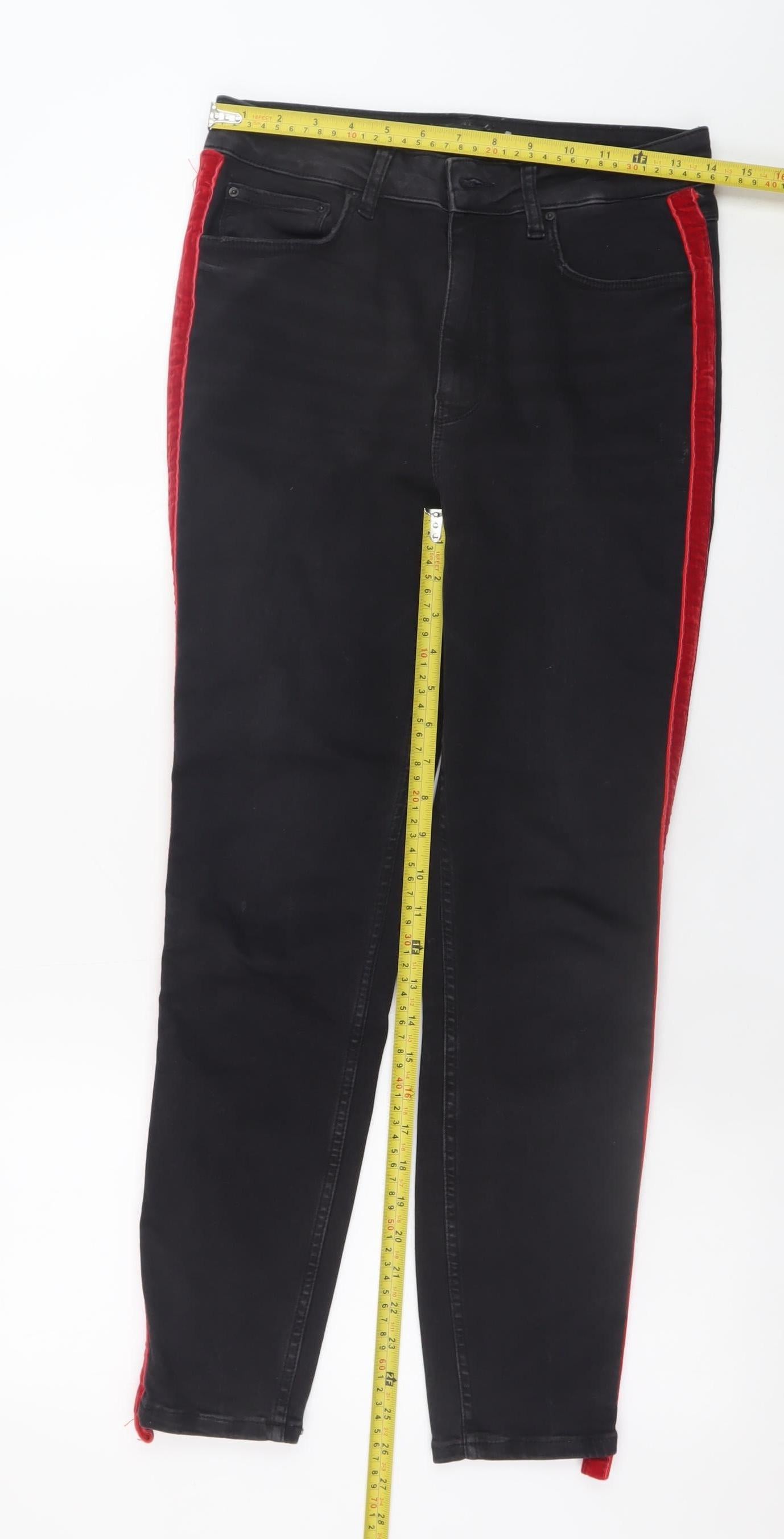 Zara Women Black Skinny Jeans Size 12 Red Stripe Premium Denim