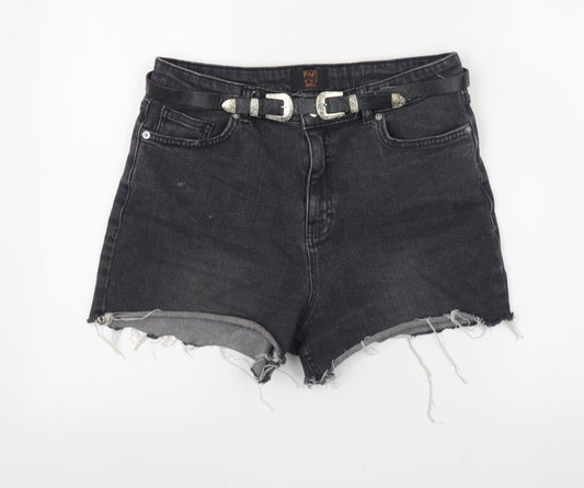 F&F Women’s Black Denim Cut-Off Shorts Size 12 Belted High Rise