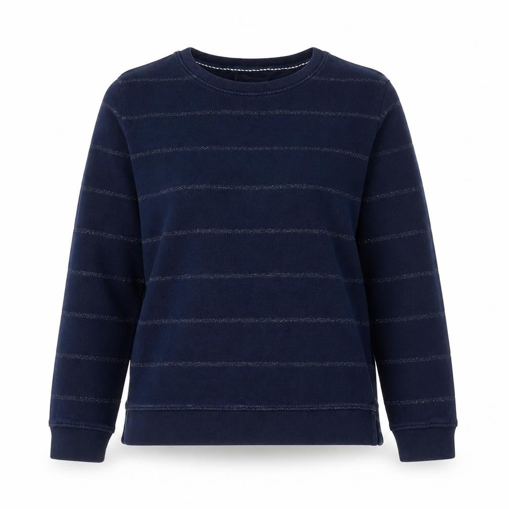 Front view of FatFace women’s navy blue striped cotton sweatshirt, size S