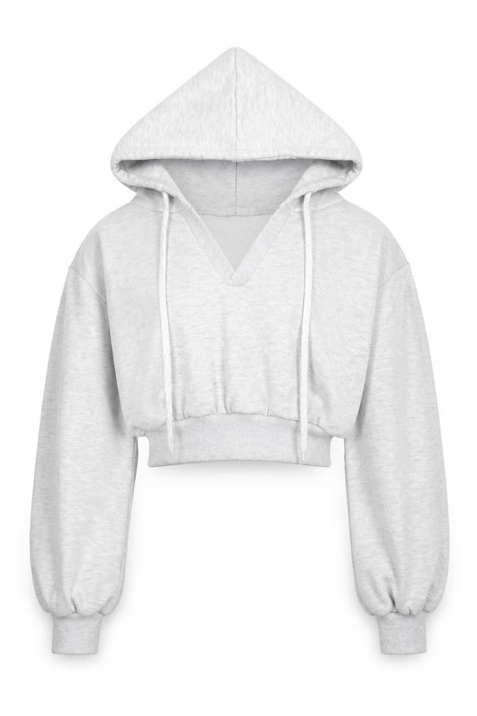 Front view of Storets Women Grey Cropped Hooded Basic Jacket S Relaxed Fit