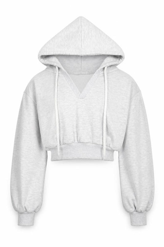 Front view of Storets Women Grey Cropped Hooded Basic Jacket S Relaxed Fit
