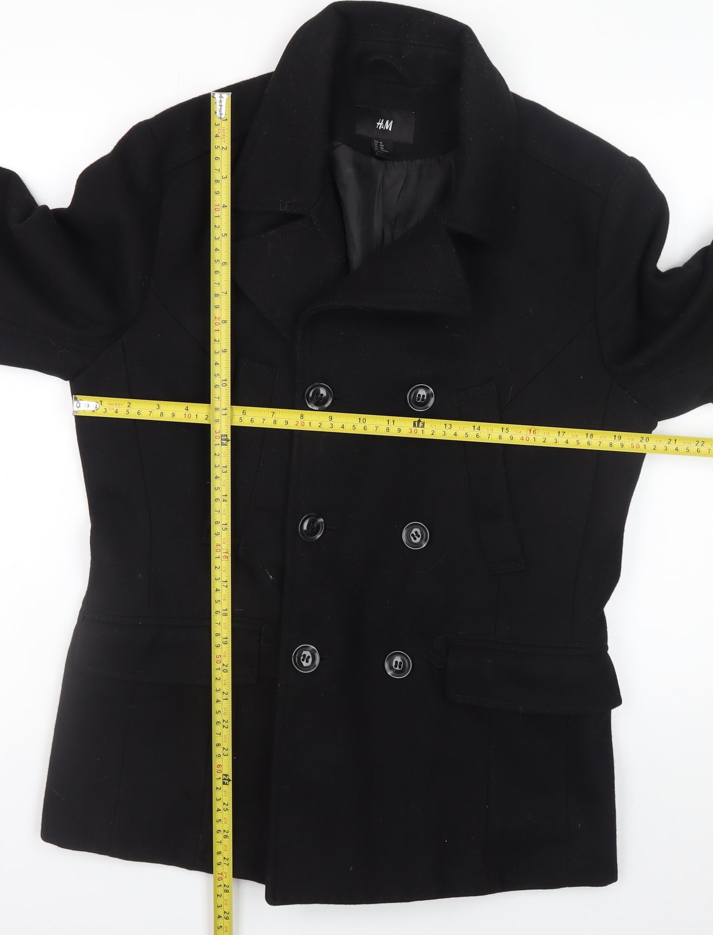 H&M Womens Black Wool Pea Coat Size 20 Classic Double Breasted