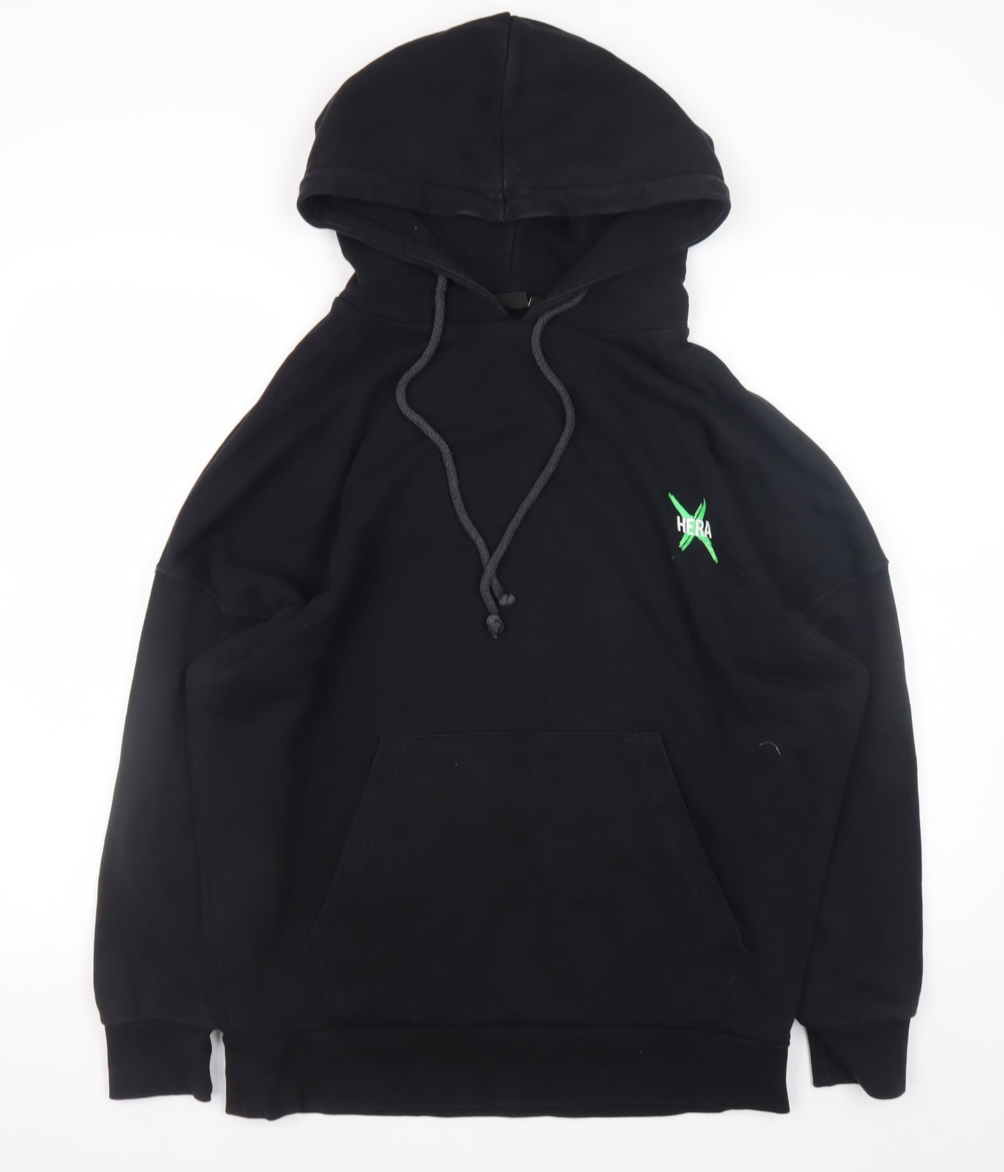 HERA Mens Black Graphic Pullover Hoodie Size S Relaxed Fit