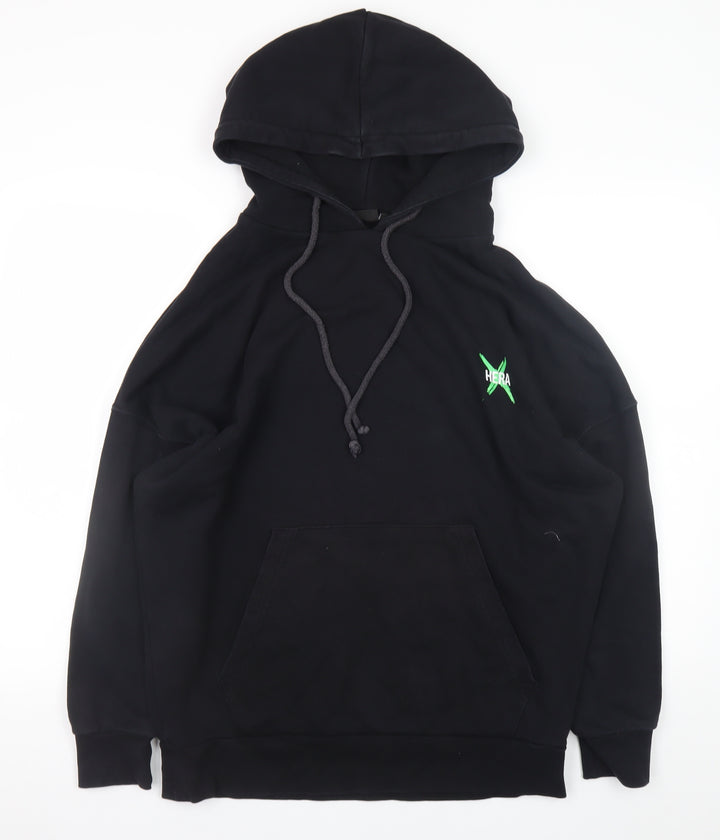 HERA Mens Black Graphic Pullover Hoodie Size S Relaxed Fit