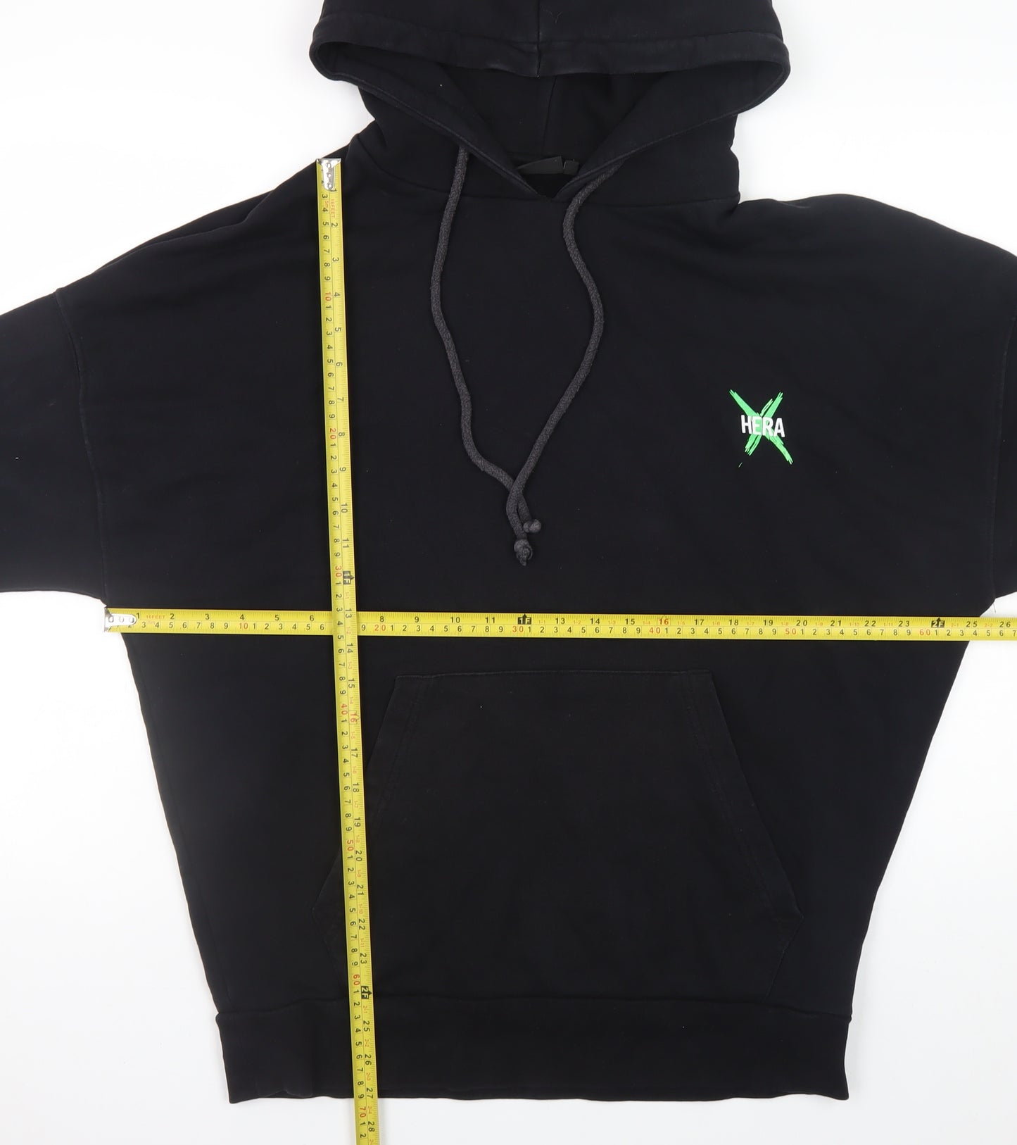 HERA Mens Black Graphic Pullover Hoodie Size S Relaxed Fit