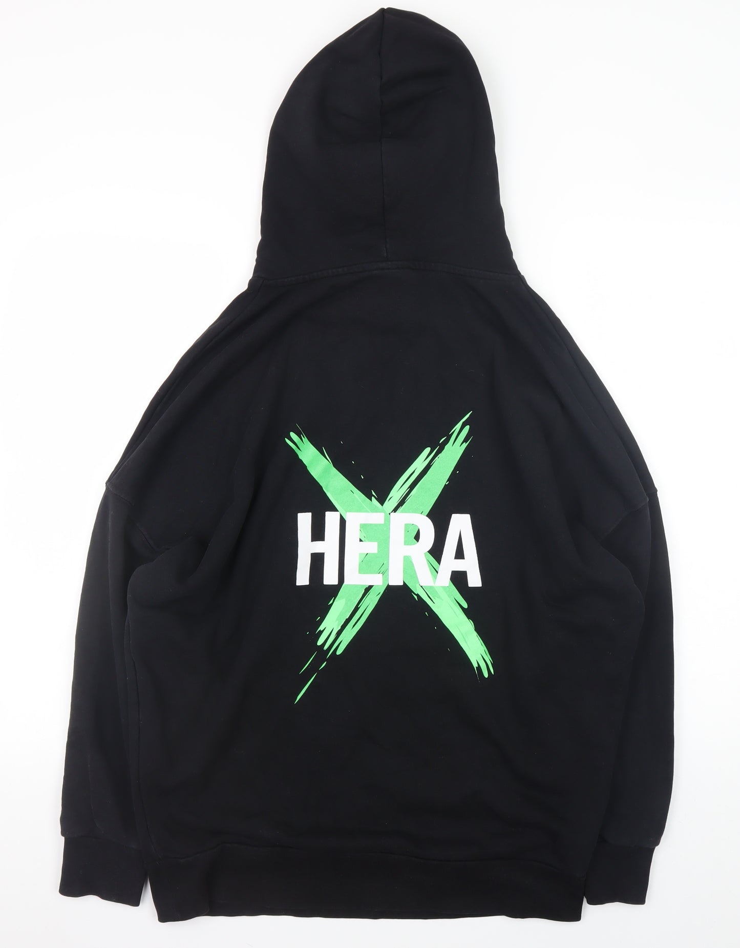 HERA Mens Black Graphic Pullover Hoodie Size S Relaxed Fit