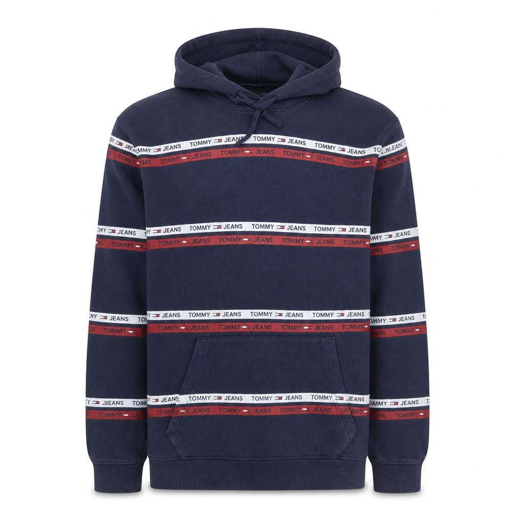 Front view of Tommy Jeans Men’s Blue Pullover Hoodie M Logo Striped Fleece