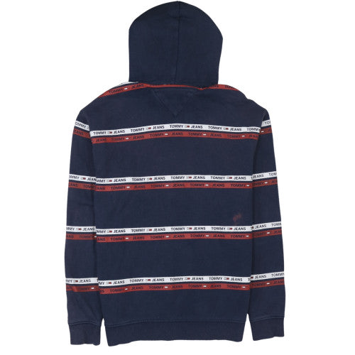 Tommy Jeans Men’s Blue Pullover Hoodie M Logo Striped Fleece