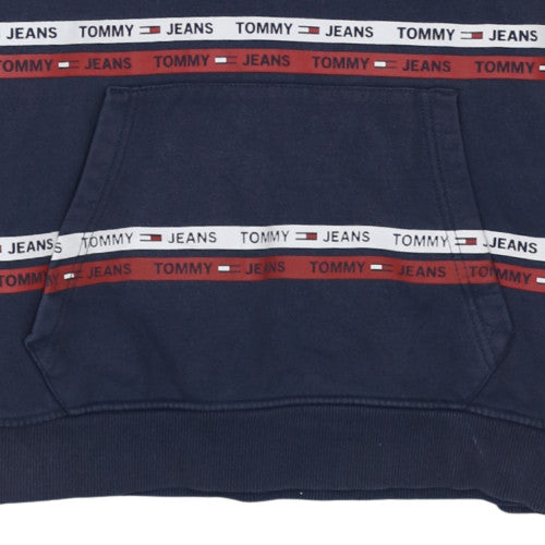 Tommy Jeans Men’s Blue Pullover Hoodie M Logo Striped Fleece