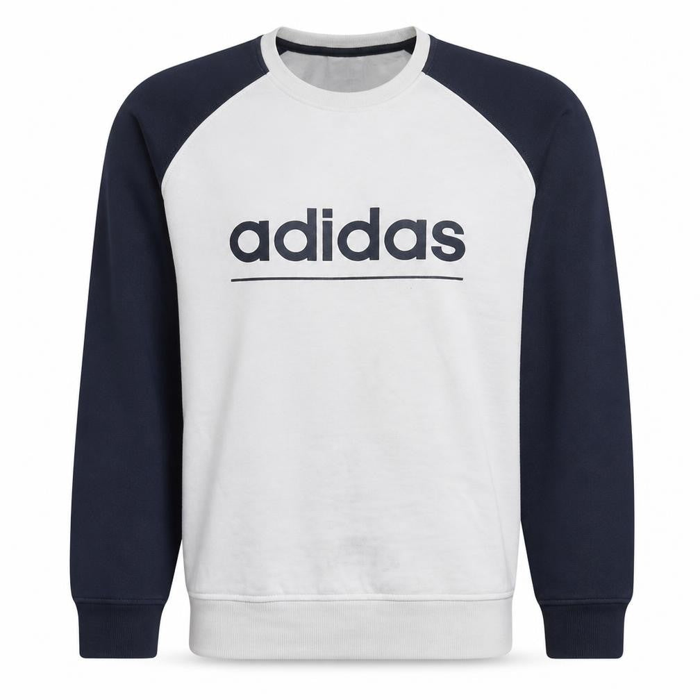Front view of Adidas Men's Beige Navy Logo Crew Neck Sweatshirt, size L