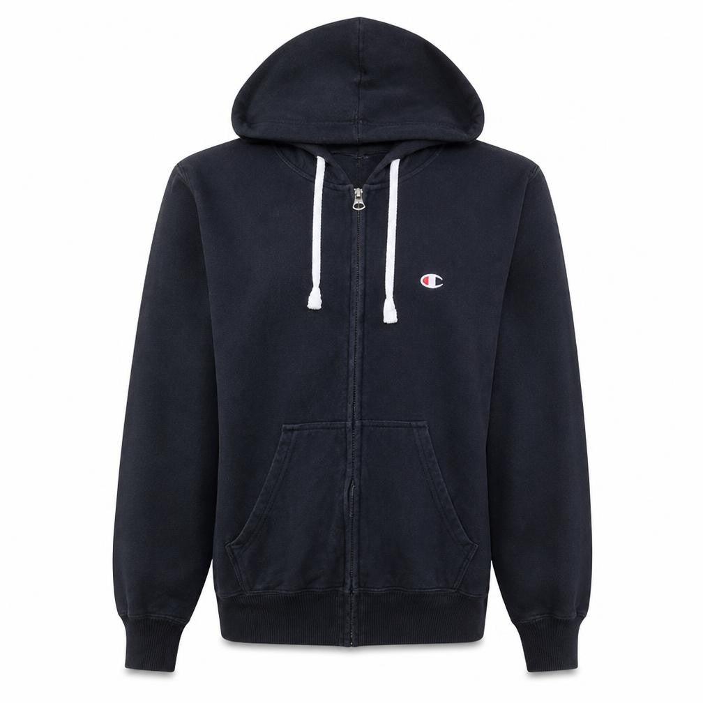 Front view of Champion Men's Black Full Zip Hoodie, size M, Regular Fit