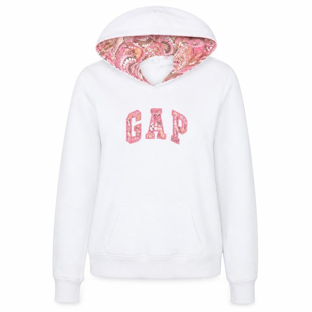 Front view of Gap Women White Pullover Hoodie S Stretch Cotton Blend Logo