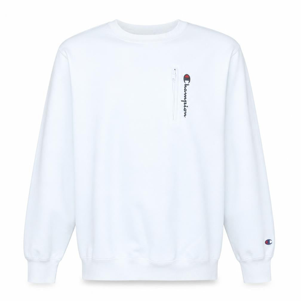 Front view of Champion men’s white logo zip pocket crew neck sweatshirt, size L