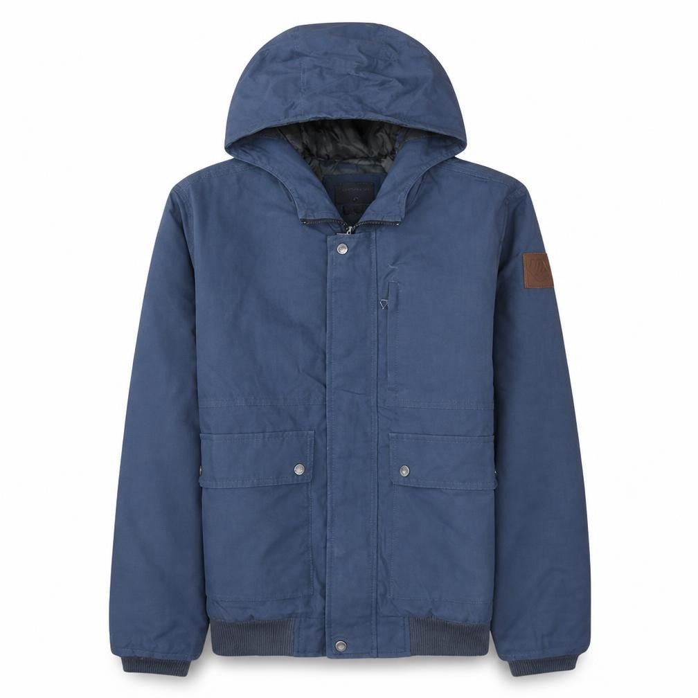 Front view of Quiksilver men’s blue hooded parka jacket, size M, cotton blend