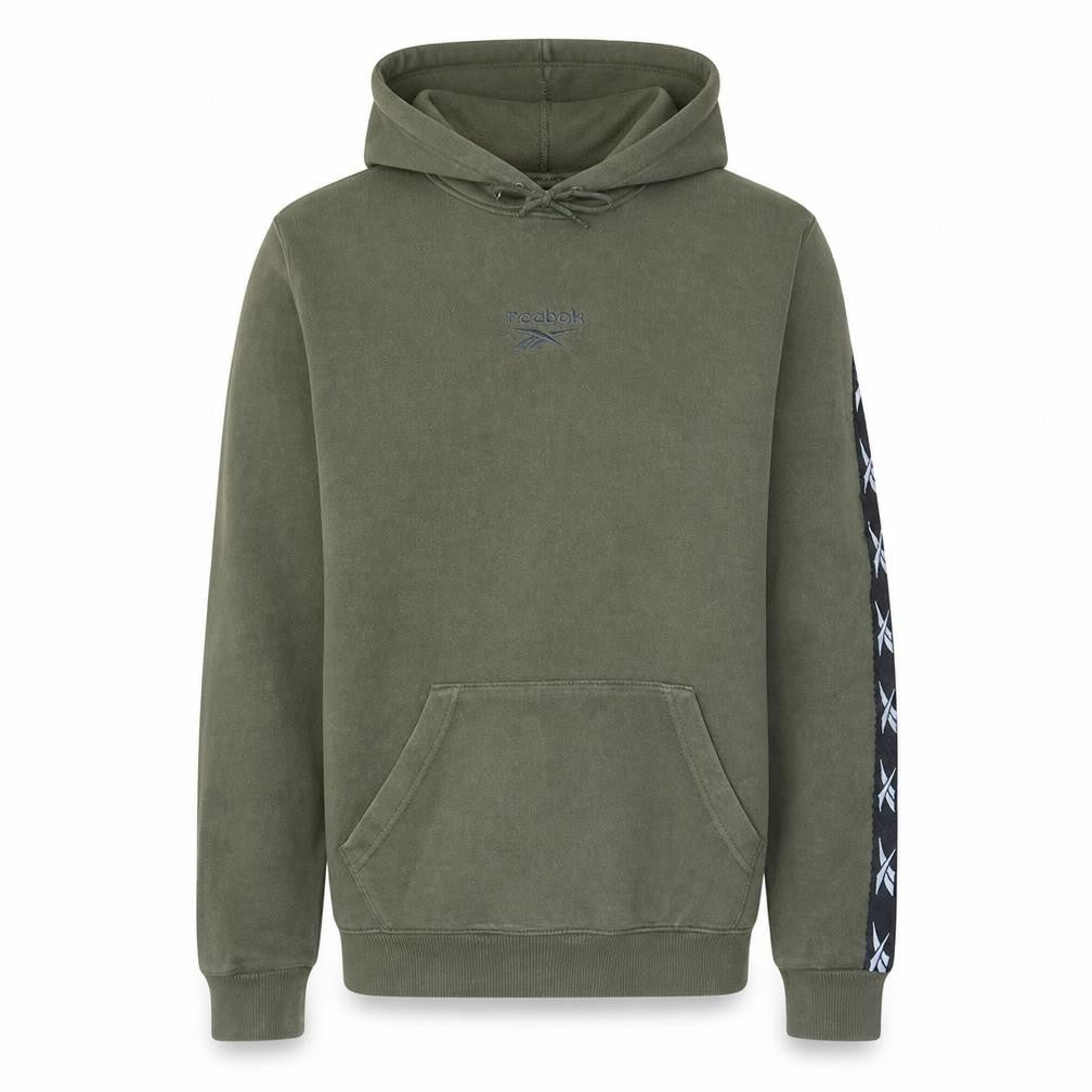 Front view of Reebok Men's Green Pullover Hoodie Small Logo Fleece Sweatshirt
