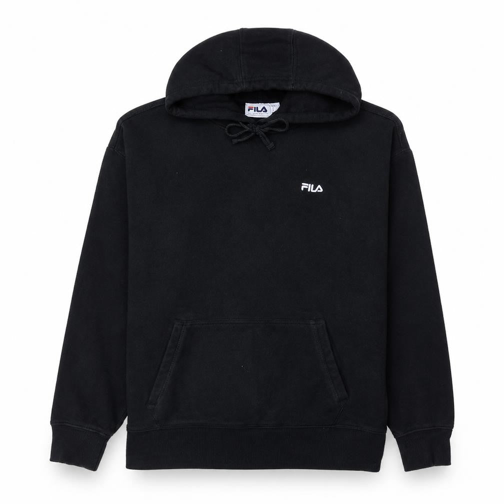 Front view of Fila Men's Black Pullover Hoodie, size M, Logo Fleece Sweatshirt