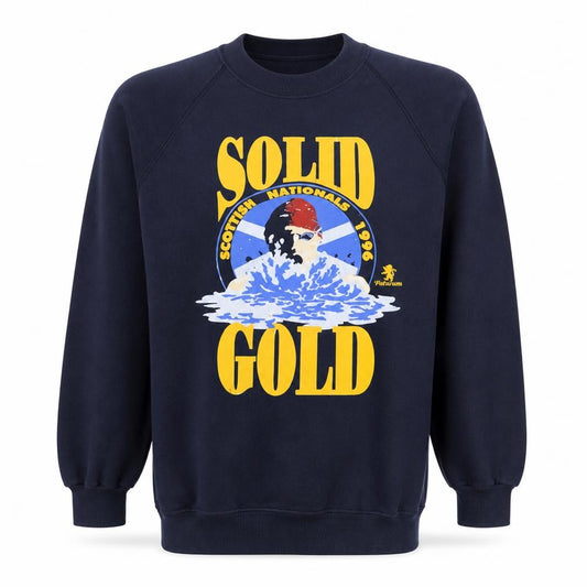 Front view of Jerzees Men's Navy Solid Gold 1996 Graphic Sweatshirt, size L